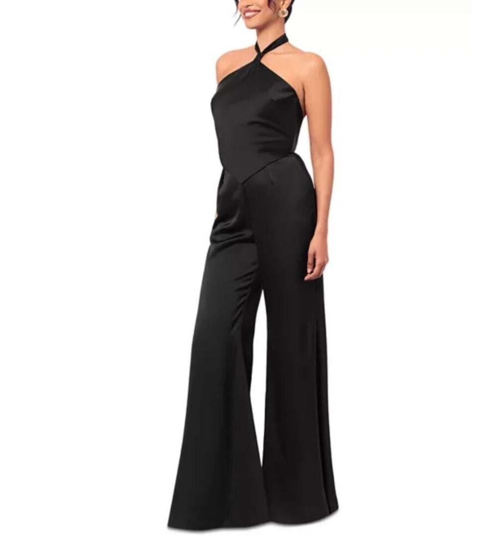 Aqua Formal Black Satin Halter Wide Leg Jumpsuit Size 6 (new with tag)